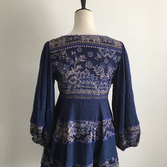 FREE PEOPLE Blue MultiColor Mixed Fabric Applique Long Sleeve Boheme Dress - Picture 11 of 11